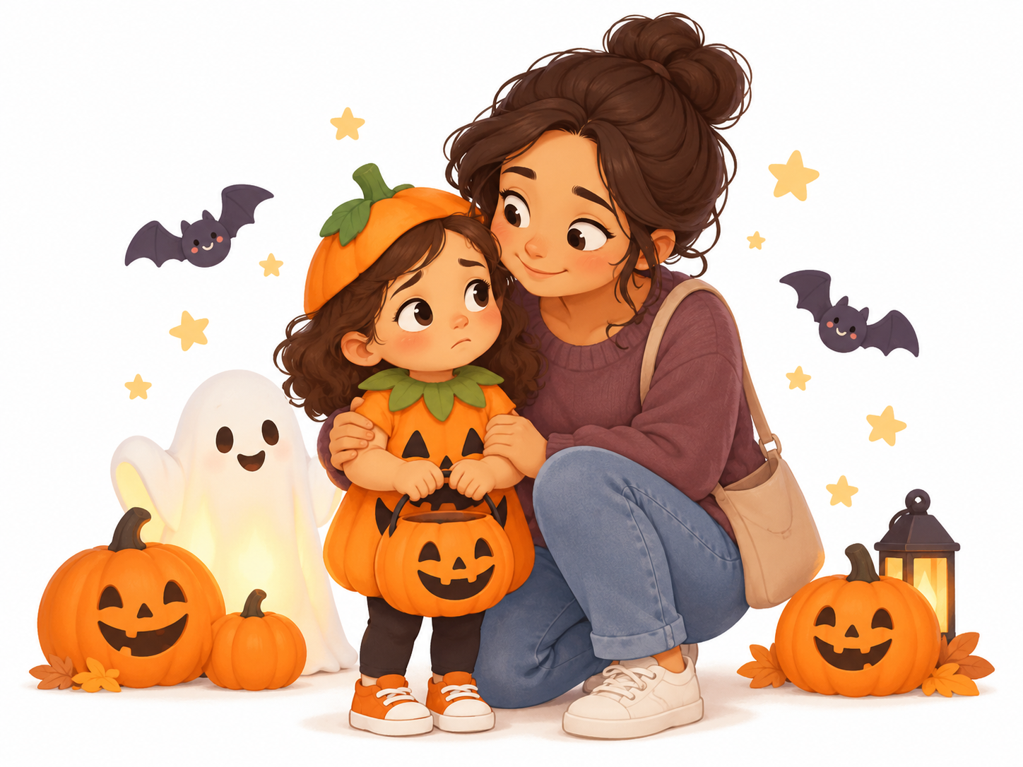A mother comforts her young child in a pumpkin costume during Halloween, surrounded by pumpkins, a friendly ghost decoration, bats, and soft festive lights on a white background.