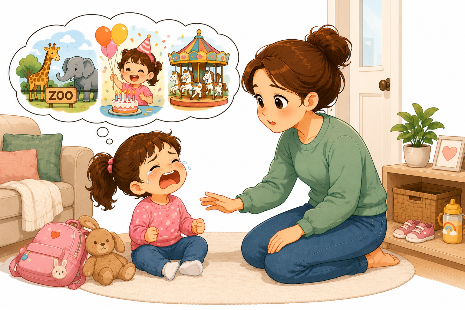 Cute cartoon illustration of a tired young child having a meltdown at home after an exciting day while her mother responds calmly. A thought bubble shows happy moments at the zoo, a birthday party, an