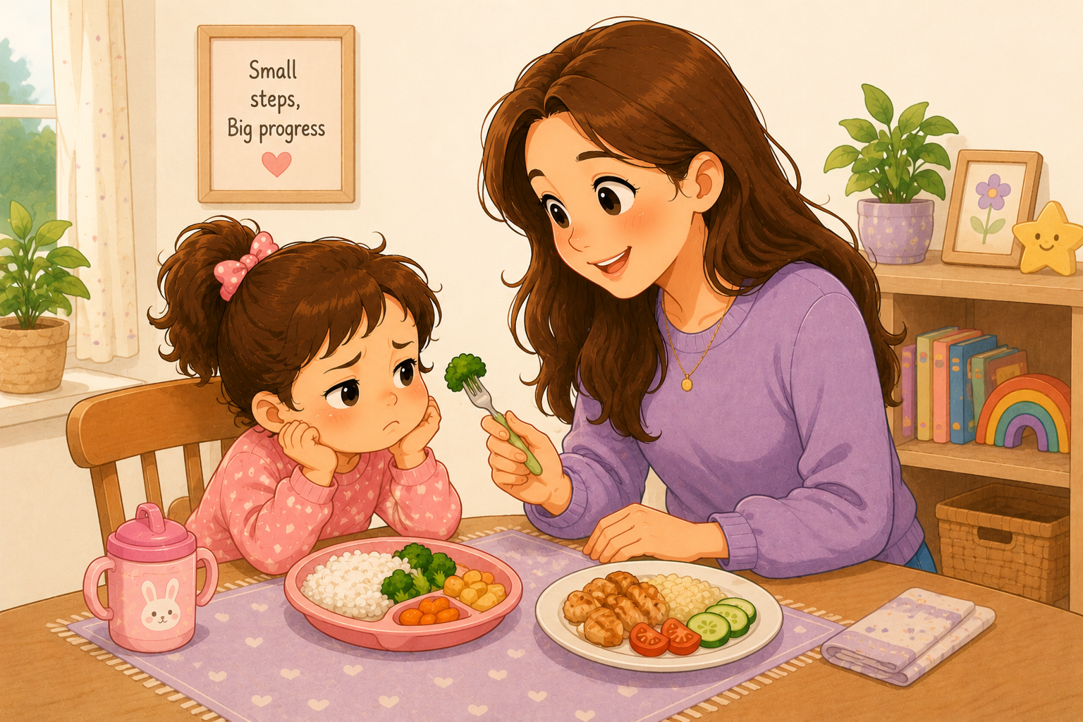 Cute cartoon of a mother calmly introducing broccoli to her hesitant young child during a low-pressure family mealtime.