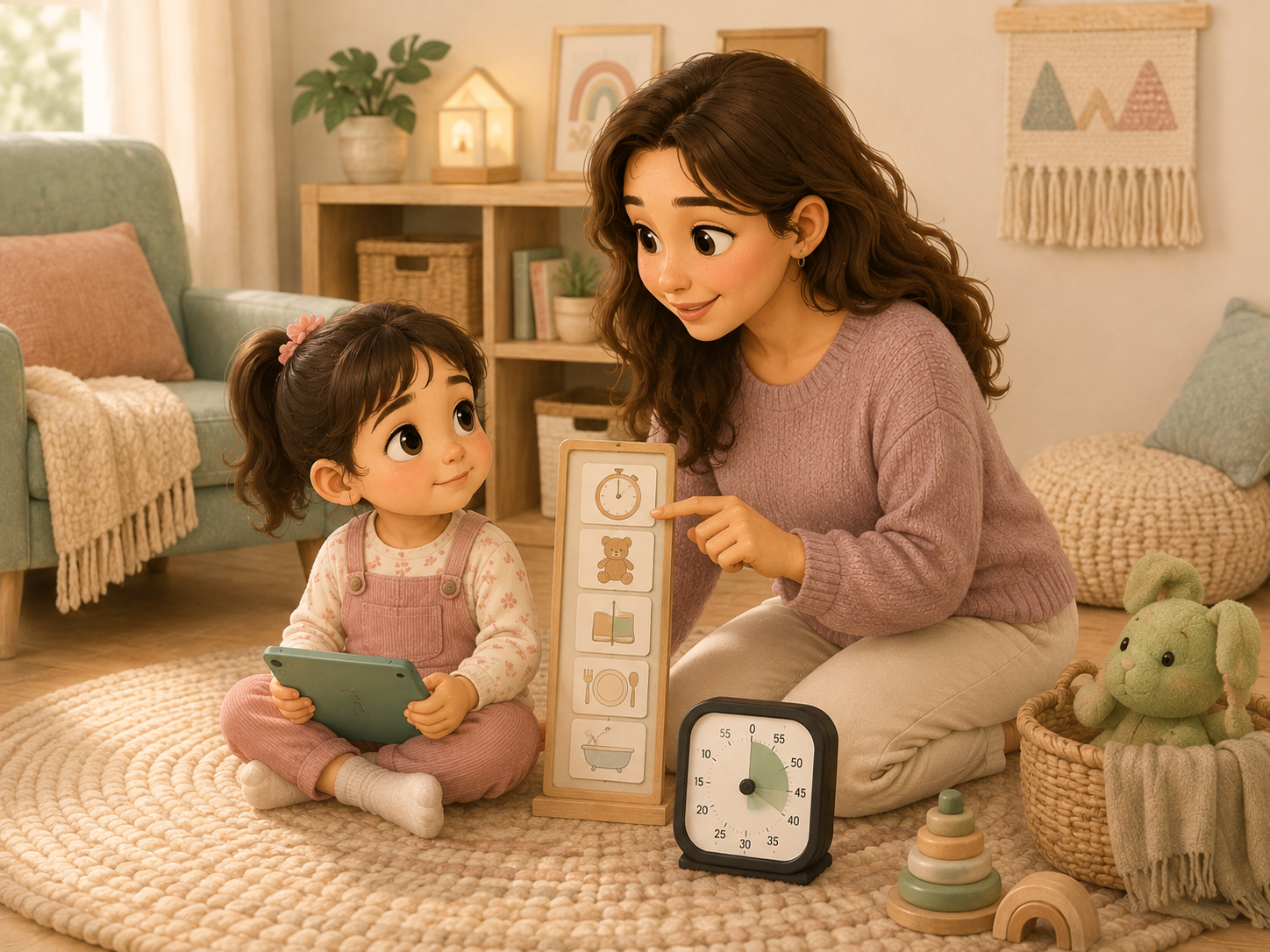 A mother calmly helps her young child transition away from tablet time using a timer and a predictable screen-time routine.