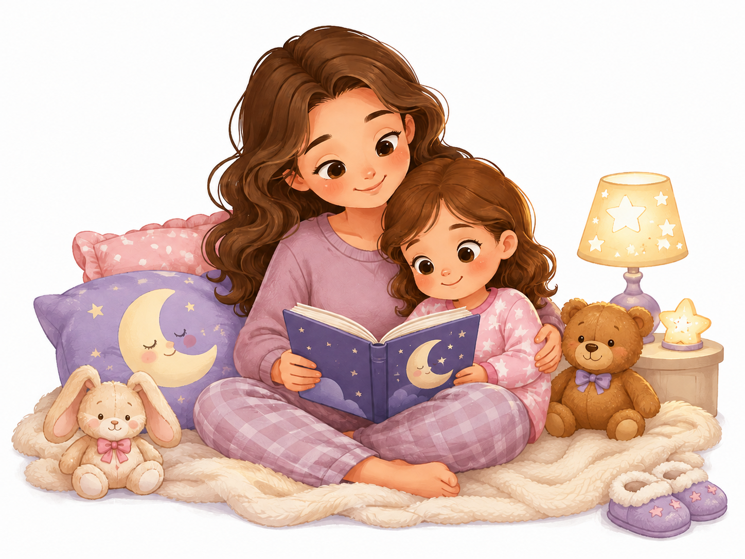 Mother and young daughter reading a bedtime story together during a calm evening routine on a white background.