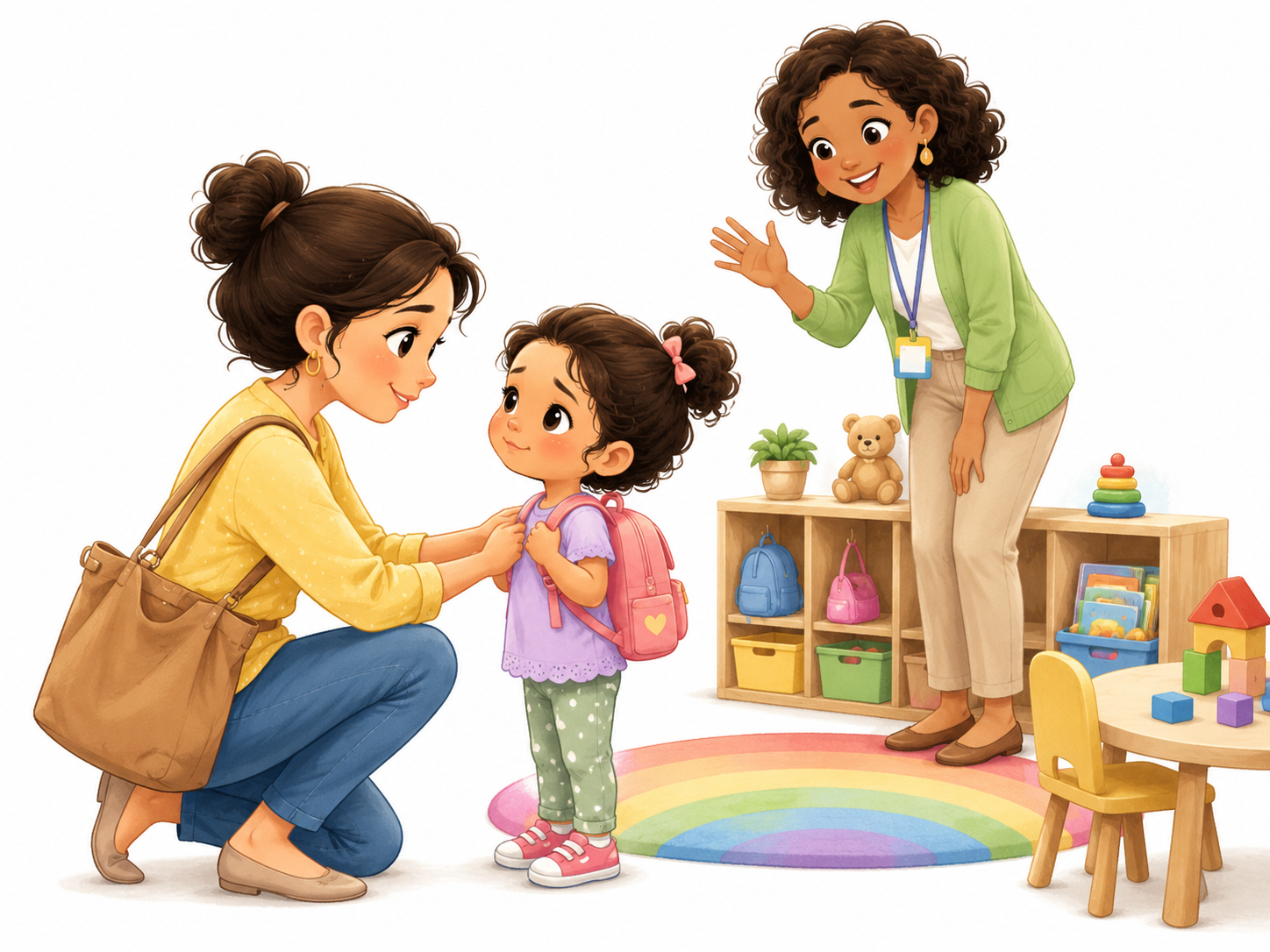 A mother reassures her young child at preschool drop-off while a teacher warmly welcomes them into the classroom.