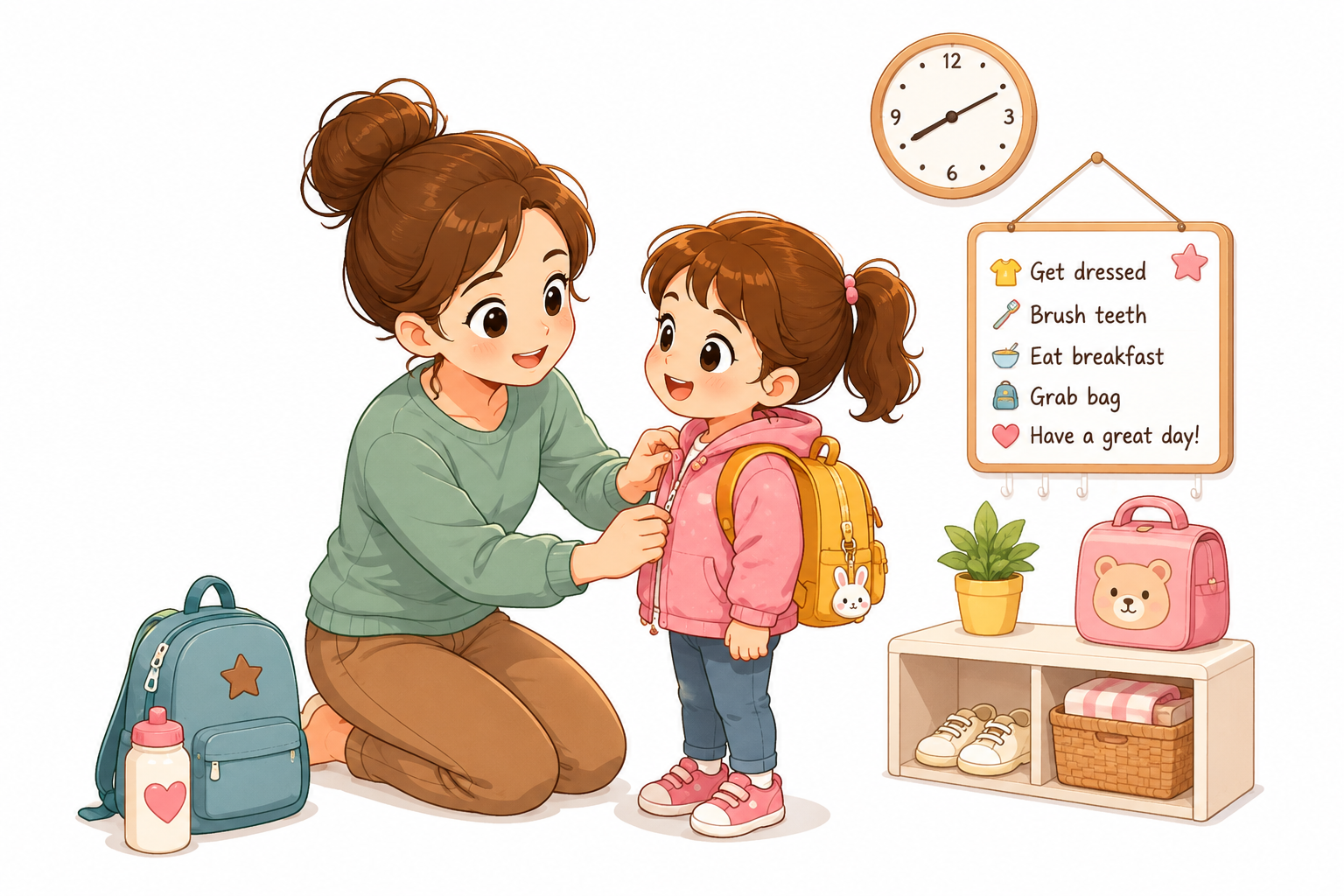 cartoon illustration of a mother helping her young child get ready for the day with a calm morning routine. The child wears a backpack beside a visual checklist, shoes, lunchbox, and school supplie