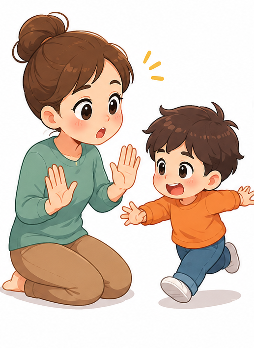 Cute cartoon illustration of a parent watching a young child explore a playground with gentle supervision instead of constant warnings. White background. Represents confidence building, risk