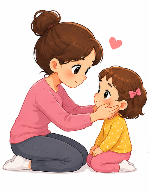 Cute cartoon illustration of a mother comforting her upset child with a hug before offering guidance. White background. Represents connection before correction, emotional safety, gentle parenting.