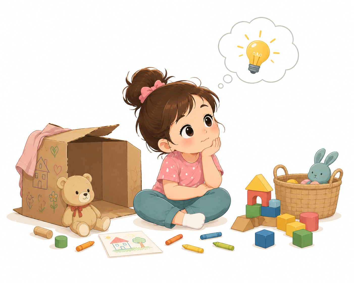 Cute cartoon illustration of a child sitting quietly with simple toys, using imagination during independent play. White background. Represents boredom, creativity, independent play, child development.