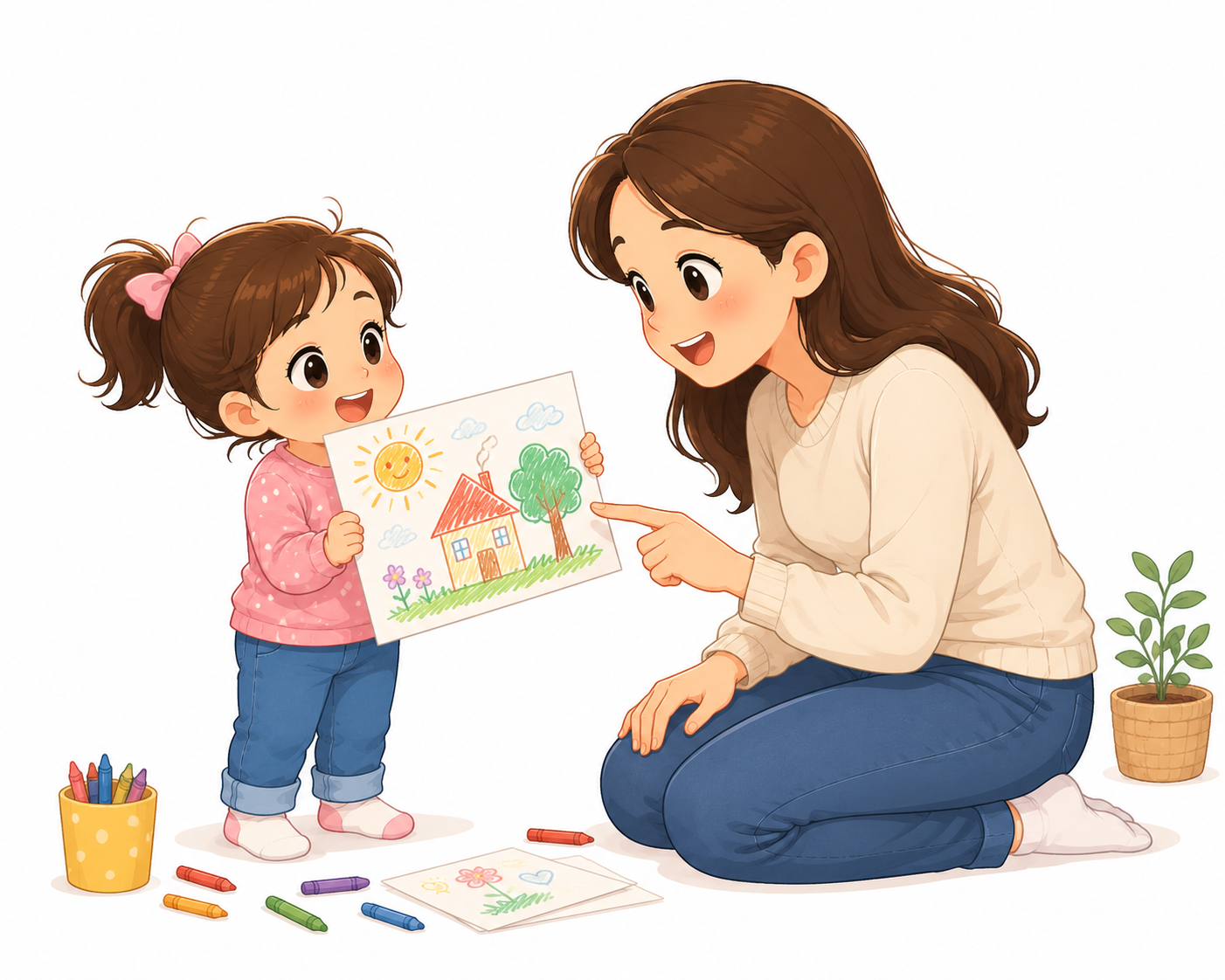 Cute cartoon illustration of a mother noticing and discussing her child's drawing instead of offering generic praise. White background. Represents encouraging effort, intrinsic motivation.