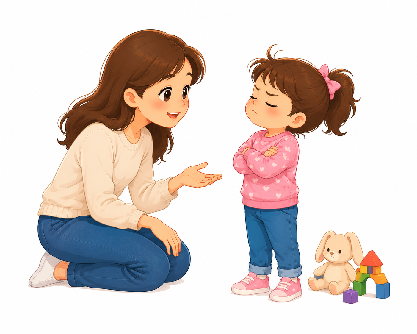 Cute cartoon illustration showing a mother kneels at her toddler's eye level and calmly responds while the child stands with crossed arms, expressing independence.