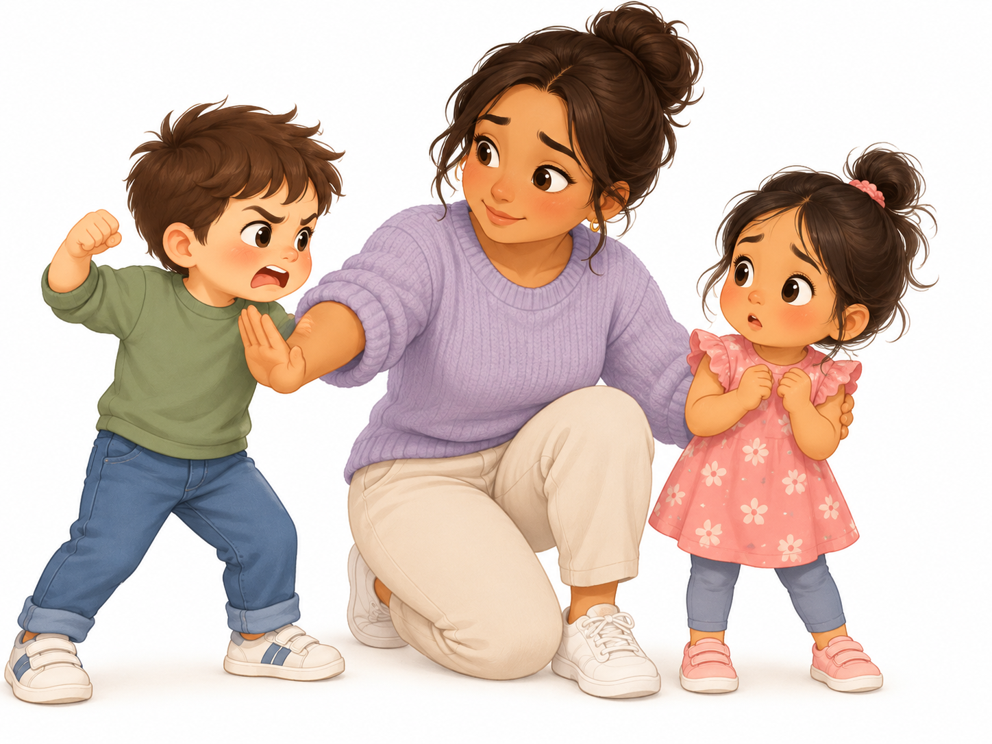 A mother calmly stops one young child from hitting while comforting another child nearby, modeling safe and respectful behavior.