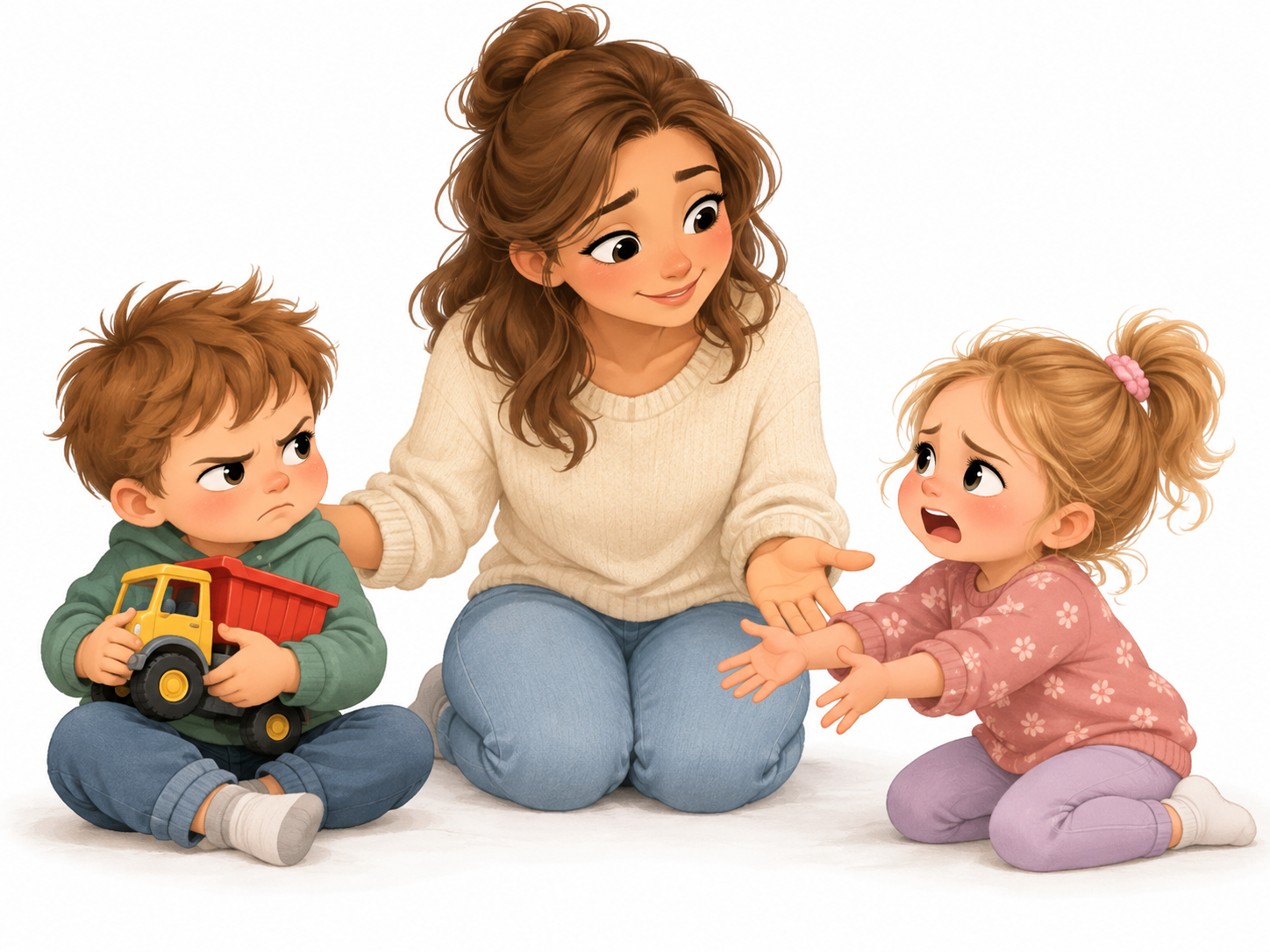 A mother calmly helps two young siblings work through a toy conflict while one child holds a truck and the other reaches for it on a white background.