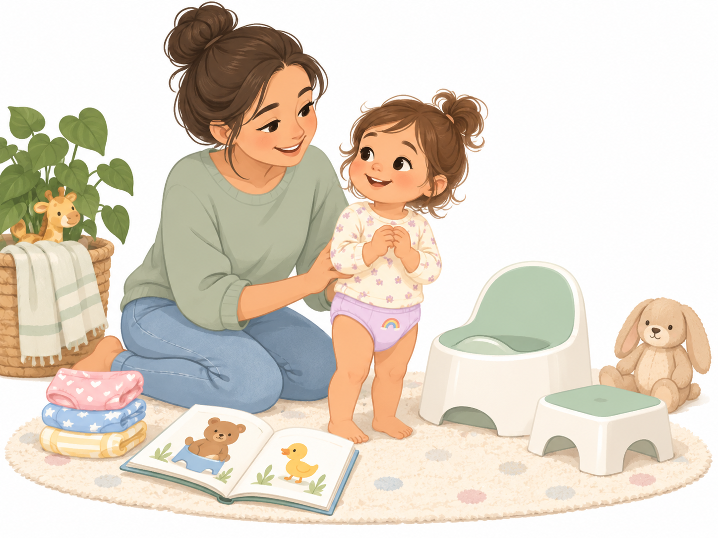A mother gently encourages her toddler beside a potty chair, potty-training books, and clean underwear during a calm potty training routine.