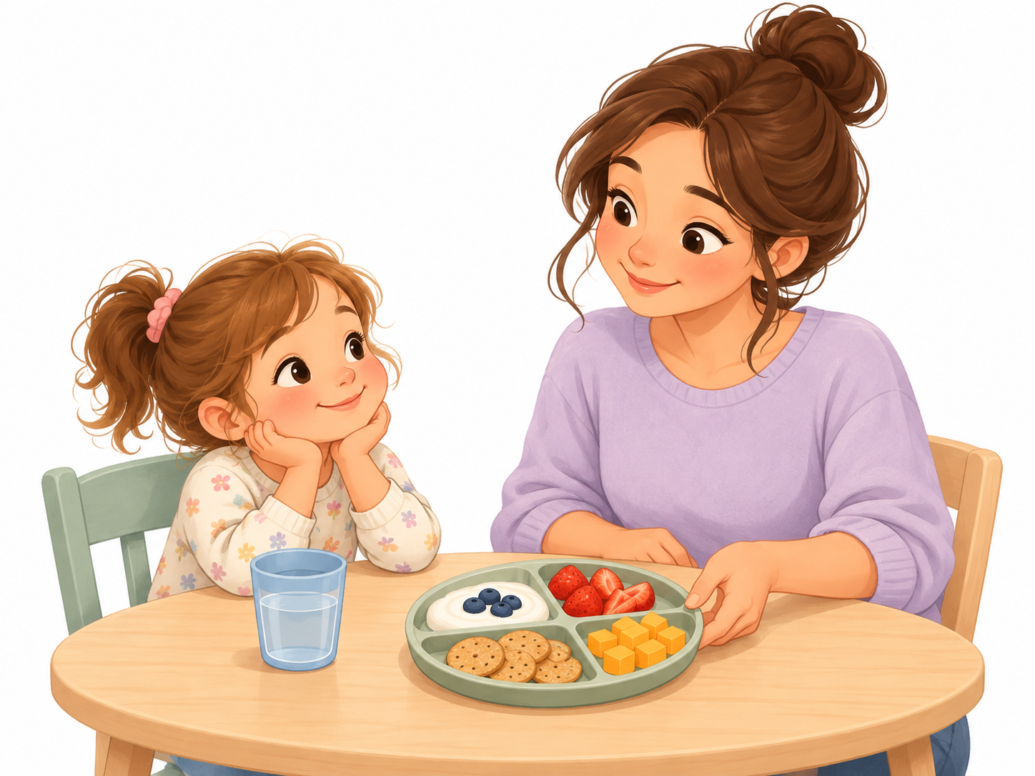A mother serves a balanced snack plate with fruit, yogurt, crackers, and cheese while her young child sits at the table with a cup of water.