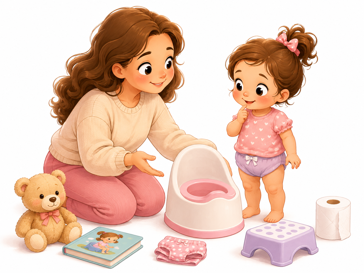 A mother gently introduces a potty to her young child with potty-training books and essentials nearby.