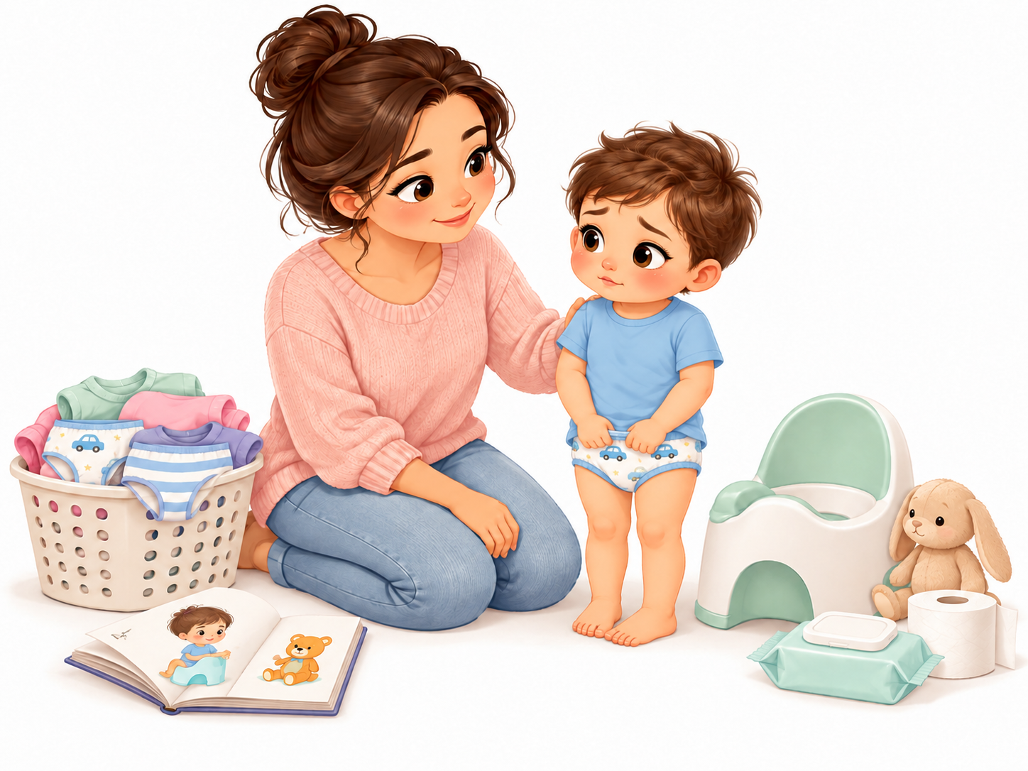 A mother gently supports her toddler during potty training beside a potty chair, clean underwear, wipes, and a potty book on a white background.