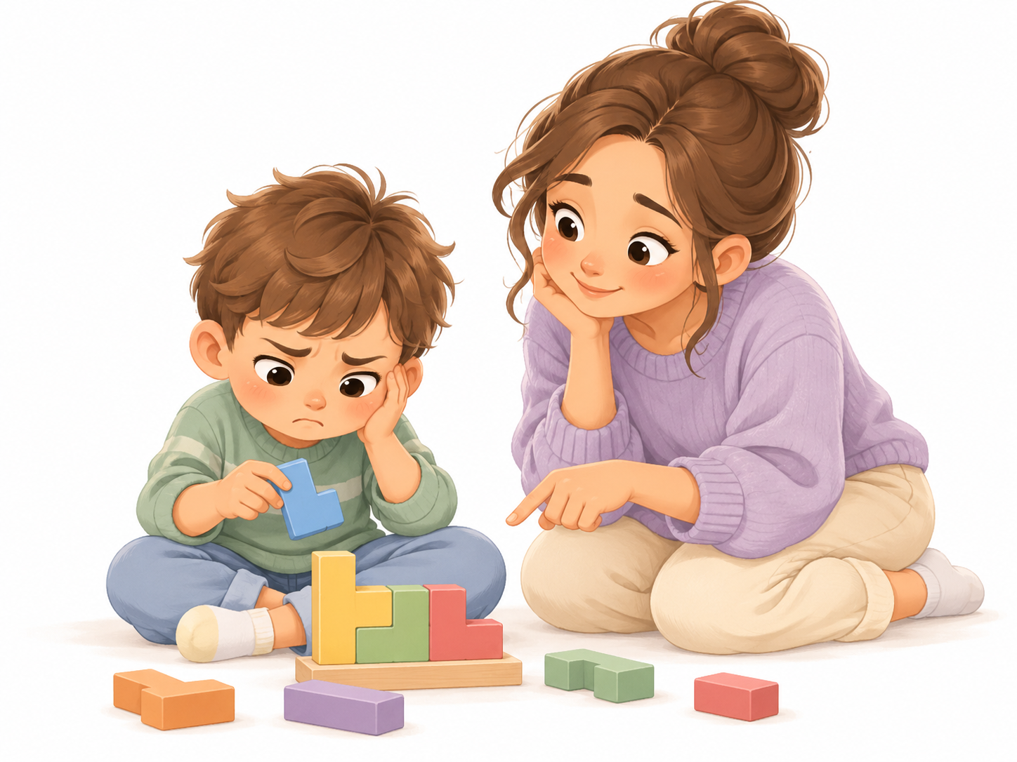 A young child works through frustration with a block puzzle while a calm parent offers gentle support nearby.